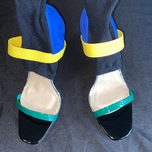 Black, yellow, red,blue,green(colorful) high heel open toe single strap sandals.